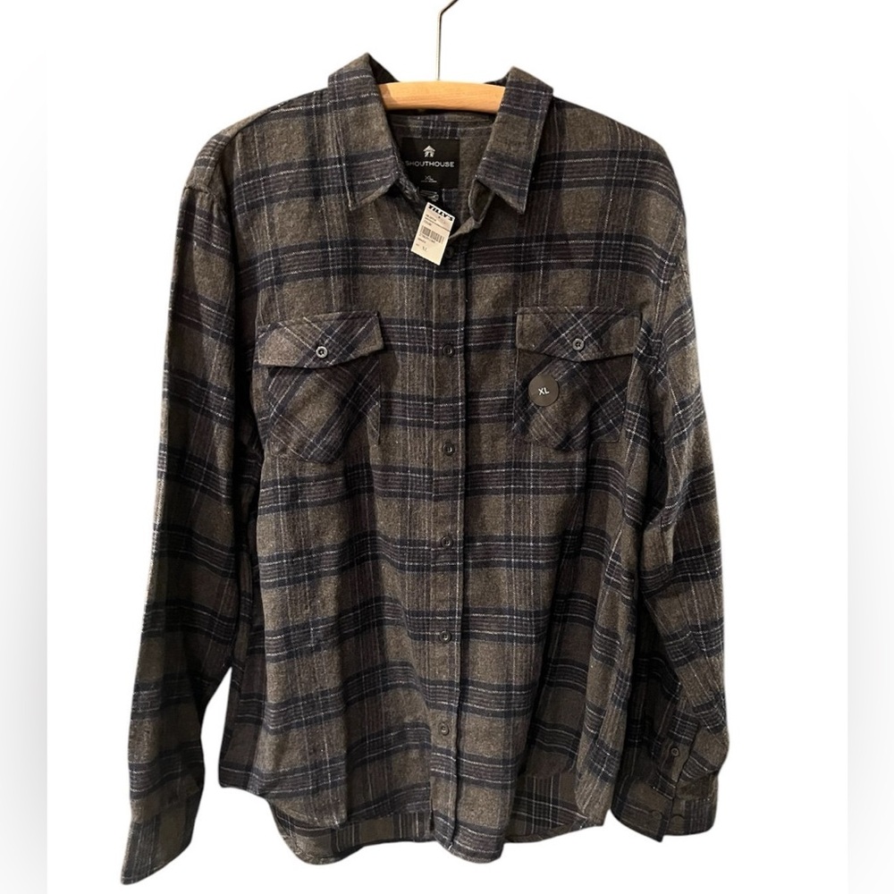 Mens Flannel Shirt ShoutHouse Button Up Long Sleeve Grey Plaid NWT Tilly’s Sz XL